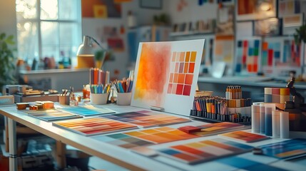 A woman in an orange apron selects a paint color sample for her project.