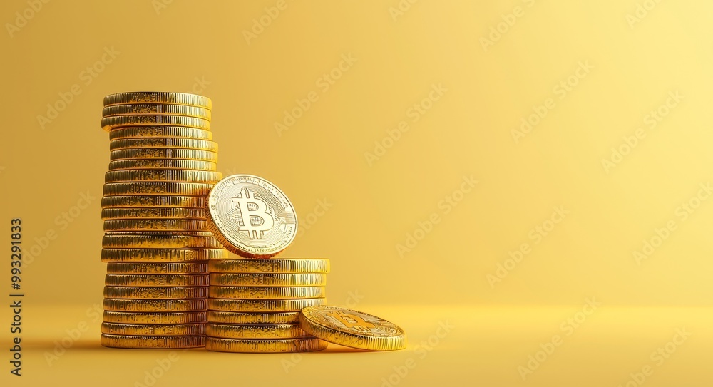 Poster coins of bitcoins btc on neutral background with copy space for flyer in realistic 3d rendering. con