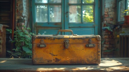 Obraz premium An old, weathered yellow suitcase rests on a rustic wooden table in a sunlit, vintage room with green plants. Generative AI