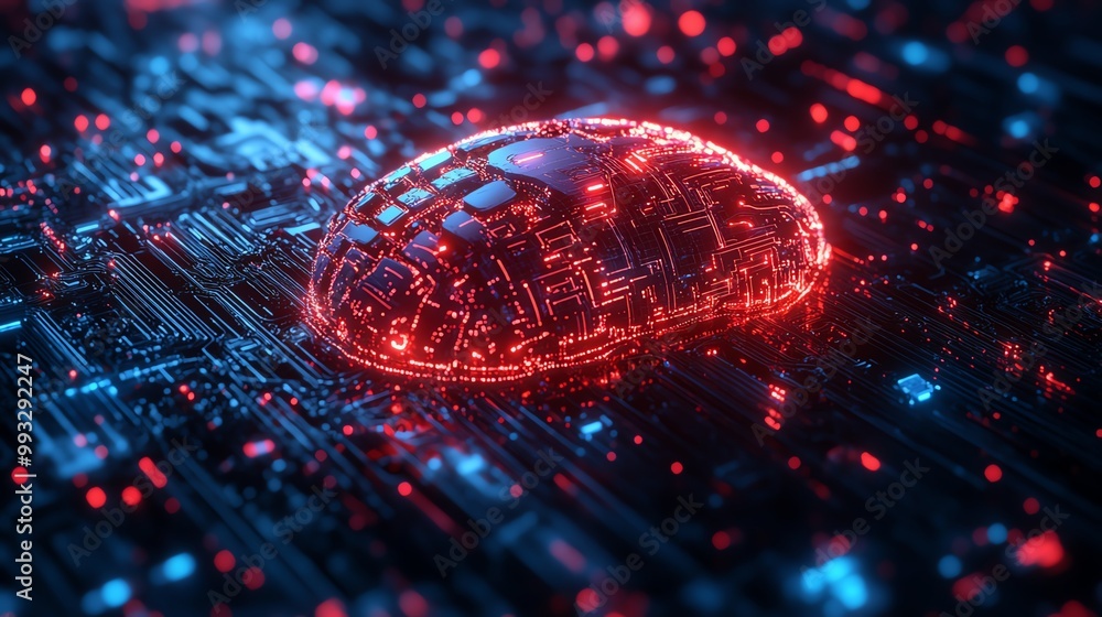 Poster abstract glowing red digital brain on circuit board, representing artificial intelligence and techno
