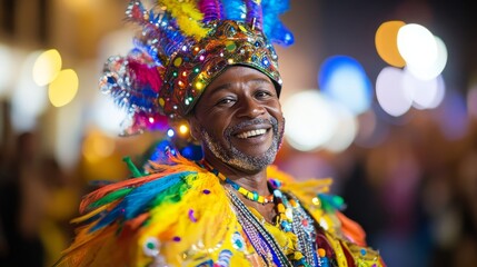 Fototapeta premium Vibrant South African Man Dancing at Cape Town Minstrel Carnival in Colorful Costume Amid Bright Street Lights