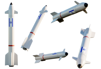Five missiles with the Israel flag on transparent background. 3D Render	