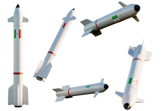 Five missiles with the Iran flag on transparent background. 3D Render	