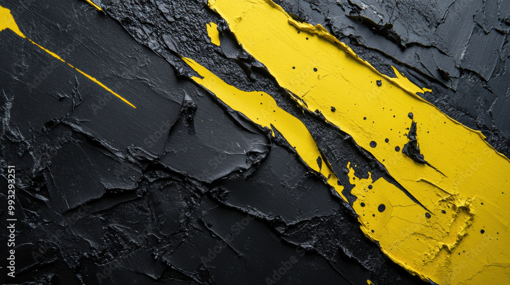 Poster textured black and yellow abstract background featuring bold strokes and splatters, creating edgy an