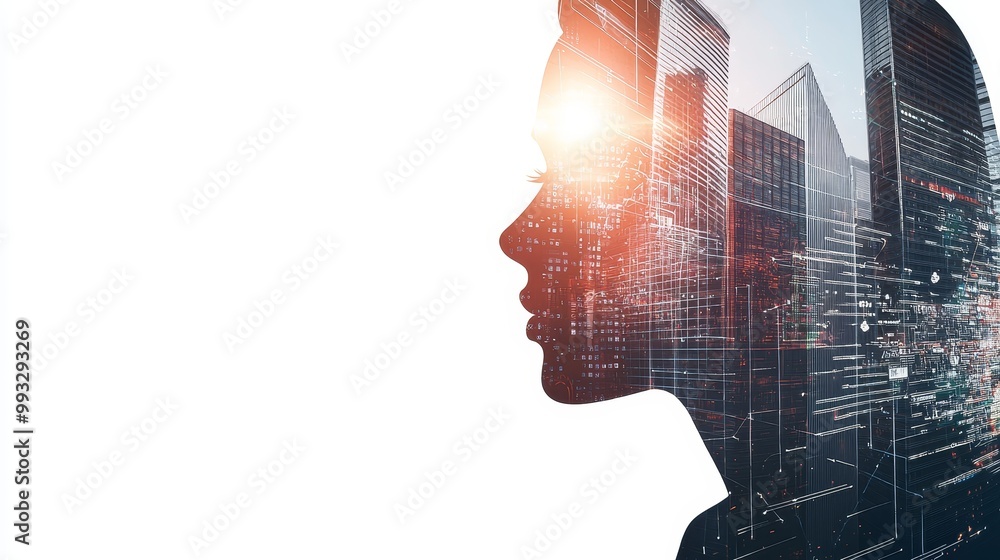 Poster double exposure of a business woman and a big data concept. digital neural network. introduction to 
