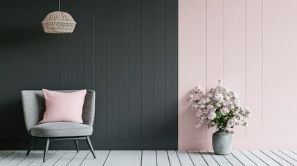 stylish interior featuring charcoal gray wall paired with soft pink wall, complemented by cozy chair and beautiful flower arrangement. design exudes modern and inviting atmosphere