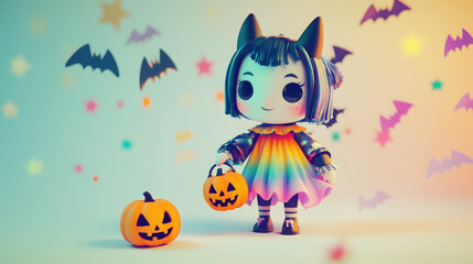 A cute 3D vampire with a rainbow outfit and tiny jack-o-lantern is surrounded by bats and stars on a light, soft scene.