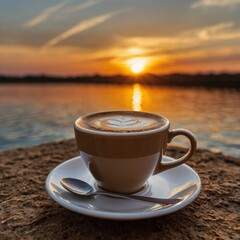 A coffee cup on the beach, capturing the serene beauty of a sunset.