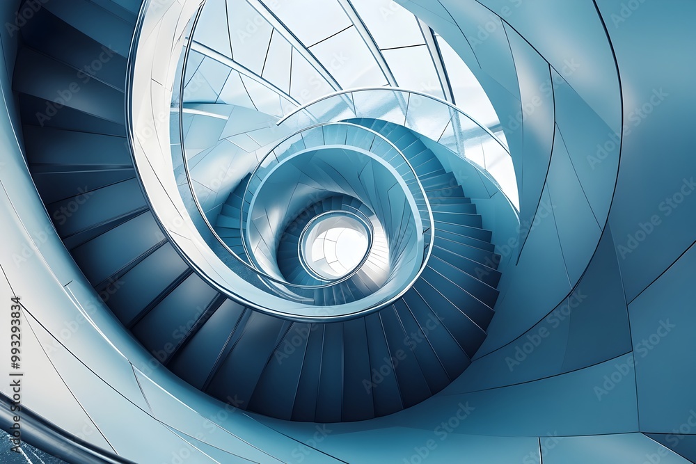 Poster sleek and futuristic spiral staircase in a modern building twisting endlessly upwards