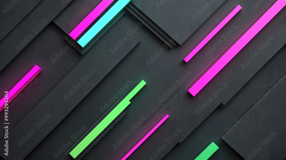 Poster Dynamic neon colors contrast against dark gray background, creating modern and vibrant abstract design. arrangement of lines adds depth and visual interest
