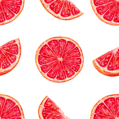 Seamless pattern of grapefruit slices. Watercolor and marker illustration. Red citrus pieces. Hand drawn isolated art. Eco-friendly fruit. Background for fabric and kitchen textile, product packaging
