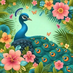 Vibrant peacock surrounded by colorful tropical flowers and butterflies.