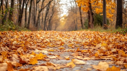 A path covered in dry leaves during autumn, with trees in the background shedding the last of their colorful foliage, creating a peaceful fall scene. -