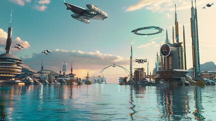 Naklejka premium Futuristic Coastal City with Spaceship Hovering Above the Water