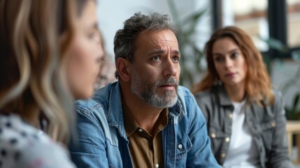 Obraz premium A middle-aged man with a pensive expression participates in a group therapy session