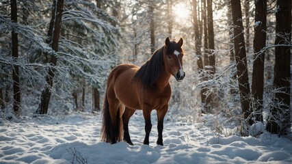 Brown horse standing in snowy forest with sunlight peeking through trees
