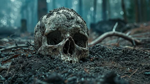 A human skull lies partially buried in the forest floor, surrounded by branches and twigs