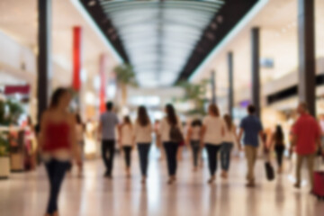 Blurred image of people walking in shopping mall. Abstract background.