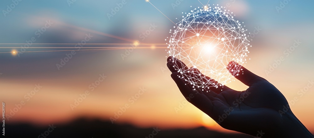 Poster hands holding global network and data connection to a customer