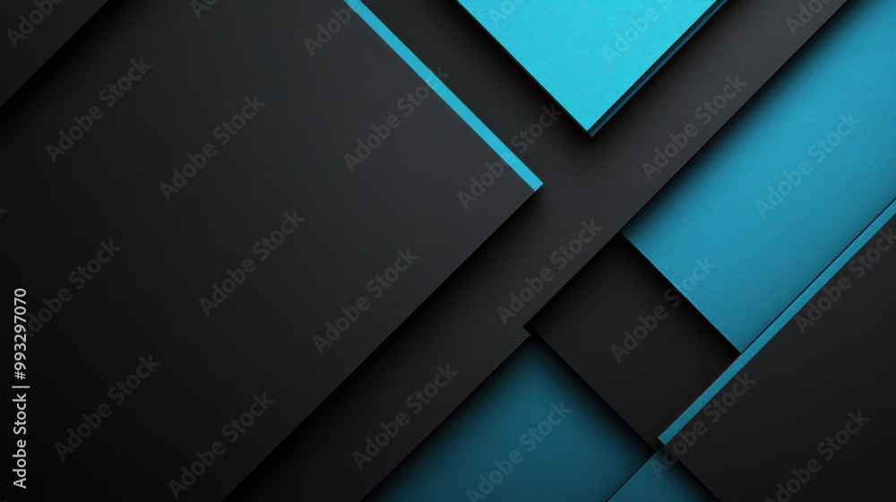 Poster matte black and bright cyan geometric shapes create striking visual contrast, showcasing modern desi