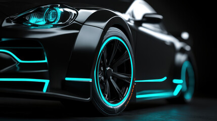 Sleek matte black car with bright cyan accents, showcasing its stylish design and modern features. glowing wheels enhance its futuristic appeal, creating eye catching look