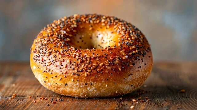 A freshly baked everything bagel sits on a wooden countertop