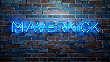 Obraz premium original, unique, neon, visually captivating, word, rustic,maverick, Blue neon lights illuminate the word Maverick on a rustic brick wall creating a visually captivating depth of field