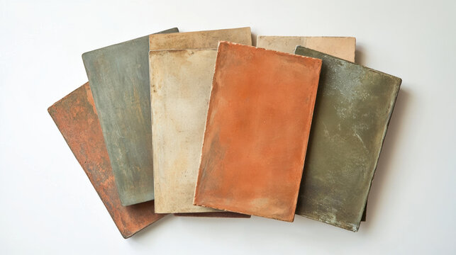 Muted earth tones create harmonious arrangement of rectangular panels, showcasing shades of olive, terracotta, and beige. This composition evokes sense of calm and natural beauty