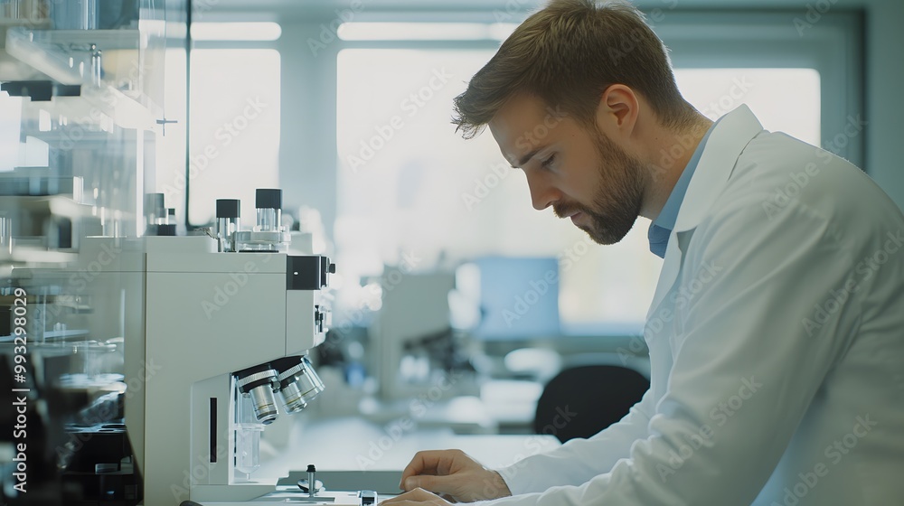 Poster a scientist works on a microscope in a laboratory