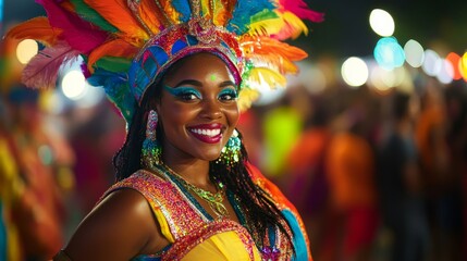 Vibrant Guyanese Woman Celebrating Mashramani Festival in Colorful Costume at Street Parade under Bright Outdoor Lighting