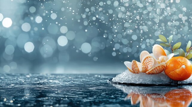 Fresh Seafood on Ice with Market Background