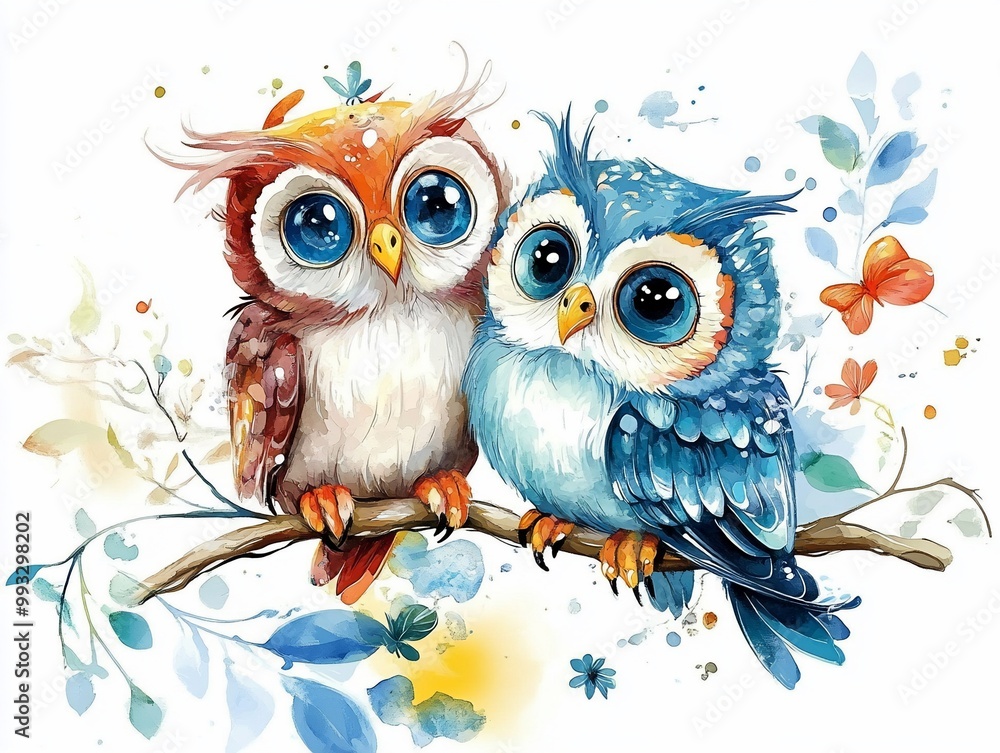 Wall mural Watercolor Owls on Branch.