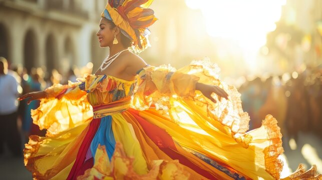 Joyful Cuban Woman Dancing in Colorful Costume at Havana Carnival Street Parade Under Sunlight