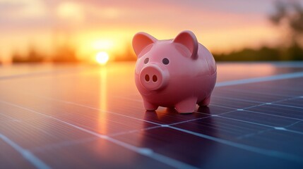piggy bank resting on solar panel during sunset illustrating financial savings through renewable energy in sustainable and eco-friendly economic environments for future planning