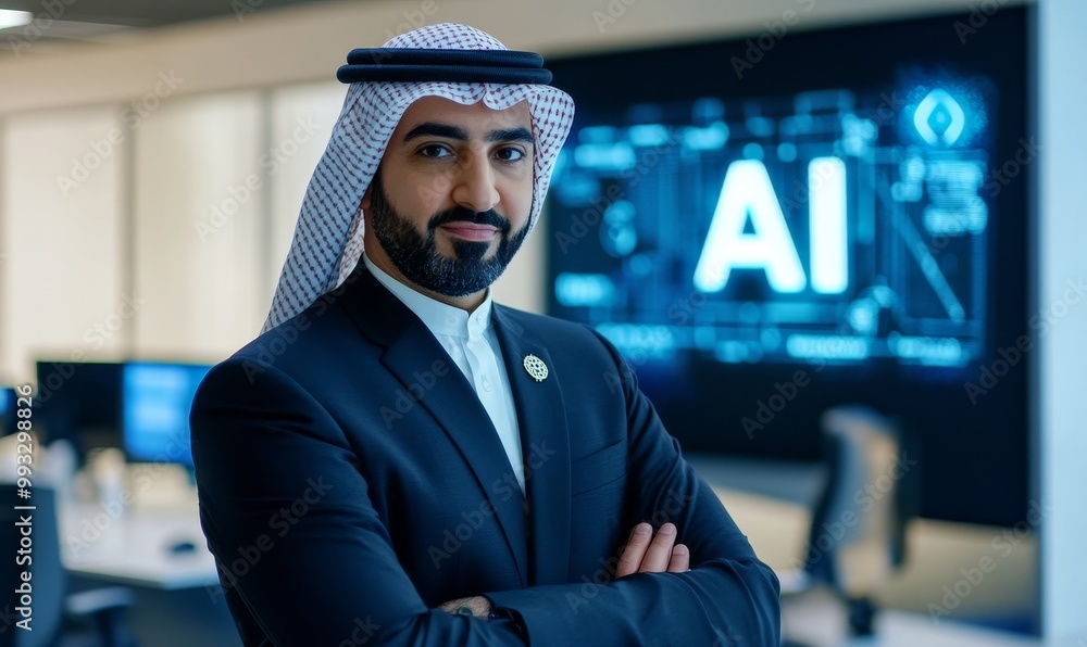 Aufkleber man in suit and keffiyeh stands in front of ai