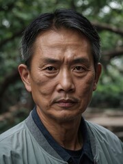 Fototapeta premium Middle-aged Asian man with short dark hair and serious expression, wearing gray collared shirt, standing in front of blurred natural background