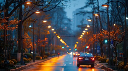 Naklejka premium A tranquil evening stroll down a rain-soaked street in a city adorned with glowing autumn lights. Generative AI