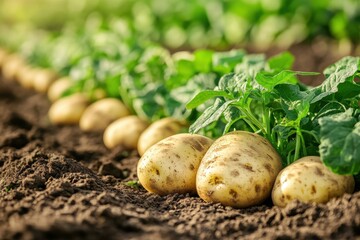 Fresh potatoes growing in rows with green leaves in the field, close-up photography