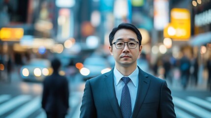 A business professional wearing a suit stands at a city crosswalk, exuding confidence amidst the evening rush. The bustling street features blurred figures and bright lights from nearby shops.