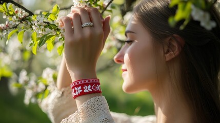 Joyful Moldovan Woman Celebrating Martisor Festival Amid Spring Blossoms Outdoors in Daylight