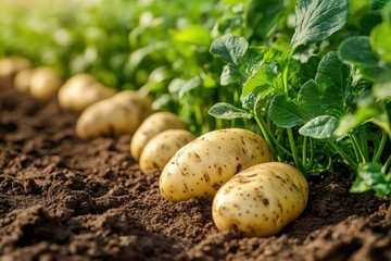 Fresh potatoes growing in rows with green leaves in the field, close-up photography