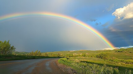 Naklejka premium A vibrant rainbow arching over a roadside after a rain shower, adding a splash of color to the landscape and creating a sense of wonder.