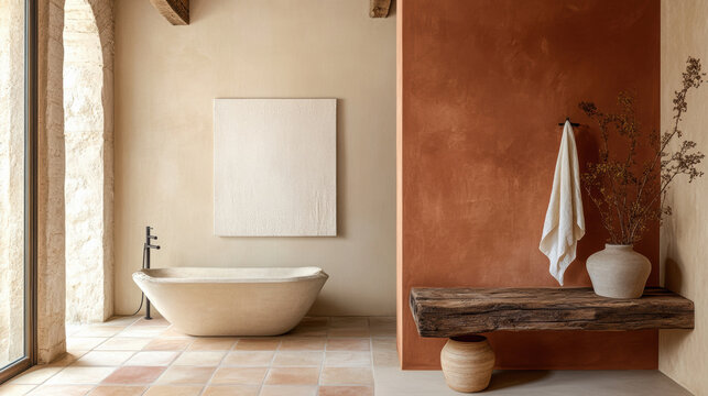 serene bathroom featuring warm terracotta wall and light beige tones, showcasing stylish freestanding bathtub, wooden bench, and decorative elements that create inviting atmosphere