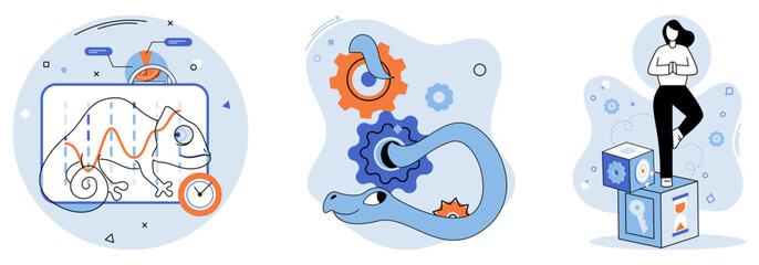 Soft skills. Ideal for analyzing trends, problem-solving, strategic planning, adaptability, and growth. Showcases charts, gears, serpents, and people with a strategic stance. Clean, minimalistic