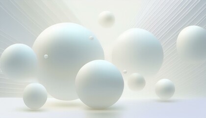 White spheres of balls on a gray background. Snowy white balls. Flowing white soft spheres. Abstract background with dynamic 3d spheres. Trendy cover or banner design template. Abstract gray bokeh 