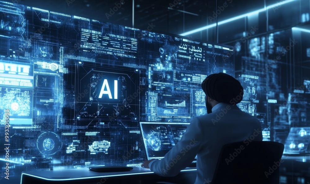 Poster man working with ai on glowing screens.