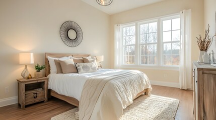 Cozy Stylish Bedroom with Large Windows and Soft Bedding