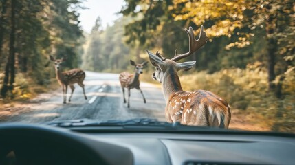 deer crossing the road in front of a car, viewed from the driver's seat, summer forest in the background, natural light and high-resolution image of wildlife and nature in motion