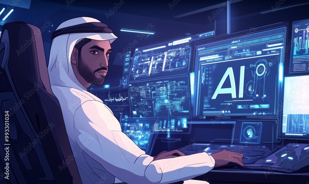 Poster man in a white robe works with ai.