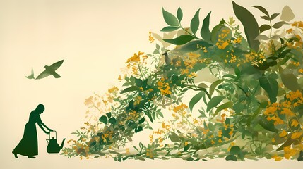 An illustration of an elderly woman watering plants in the garden, surrounded by yellow flowers and green leaves. A bird flies above her. 